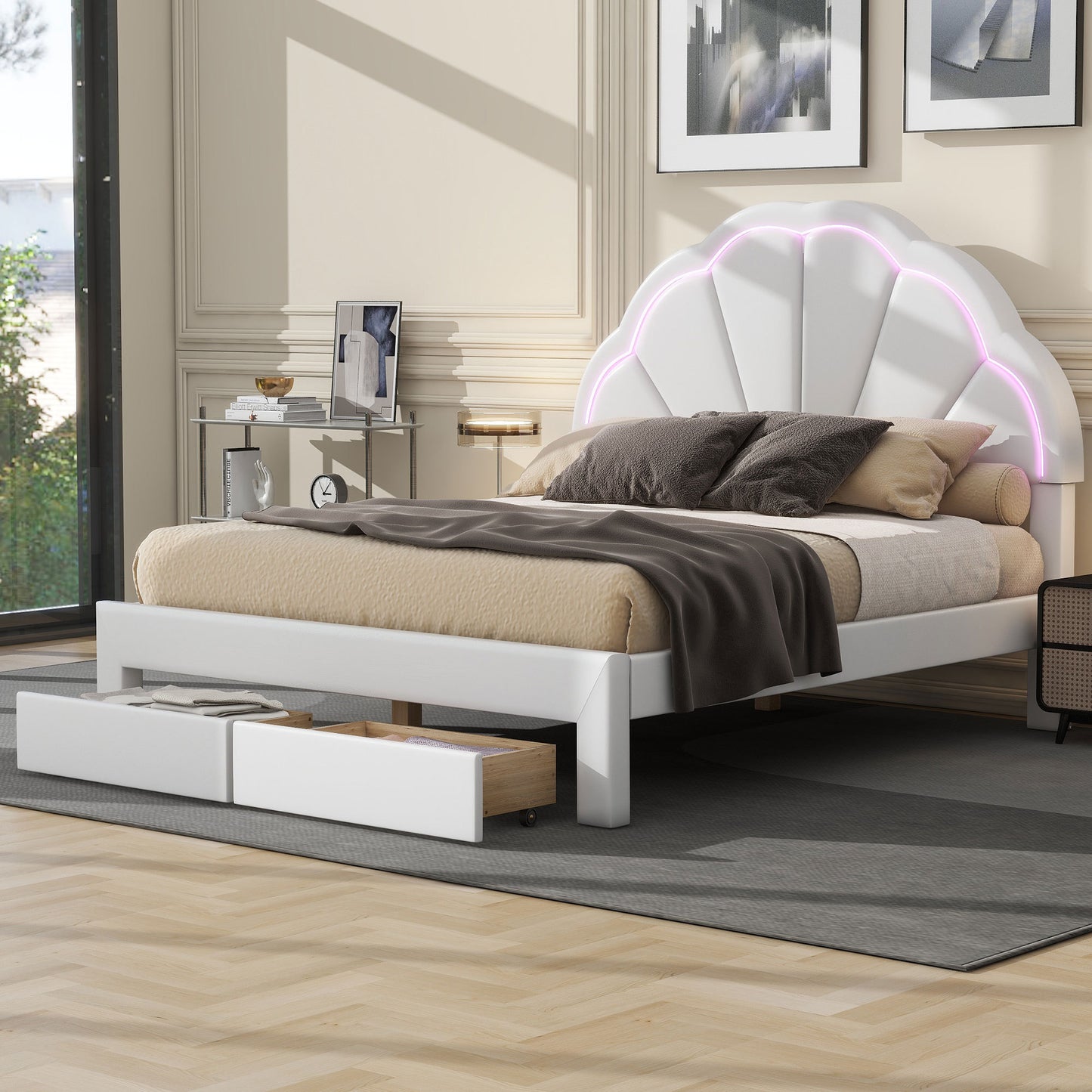 Full Size Upholstered Platform Bed with Seashell Shaped Headboard, LED and 2 Drawers, White