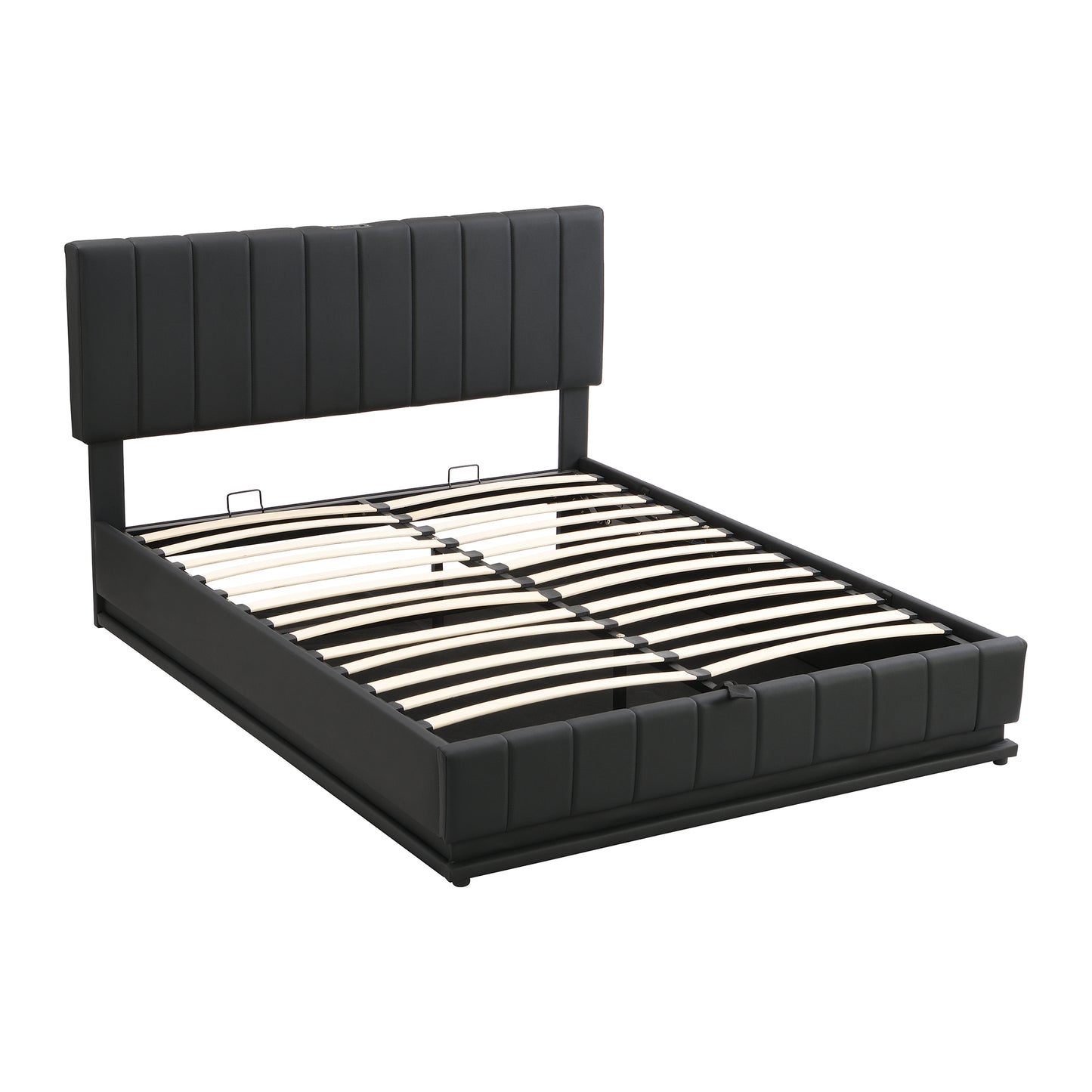 Queen Size Upholstered Bed with Hydraulic Storage System and LED Light, Modern Platform Bed with Sockets and USB Ports, Black