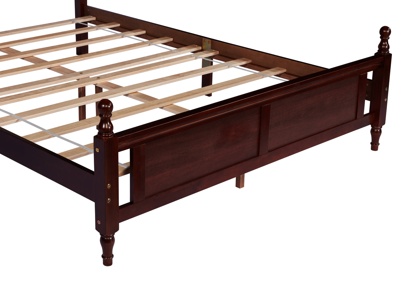 Queen Pine wooden Bed with Upholstered Headboard  and Panel Footboard, with  Two Bed Rail Support Feet and Central Platform Support Feet ,Classic Cherry