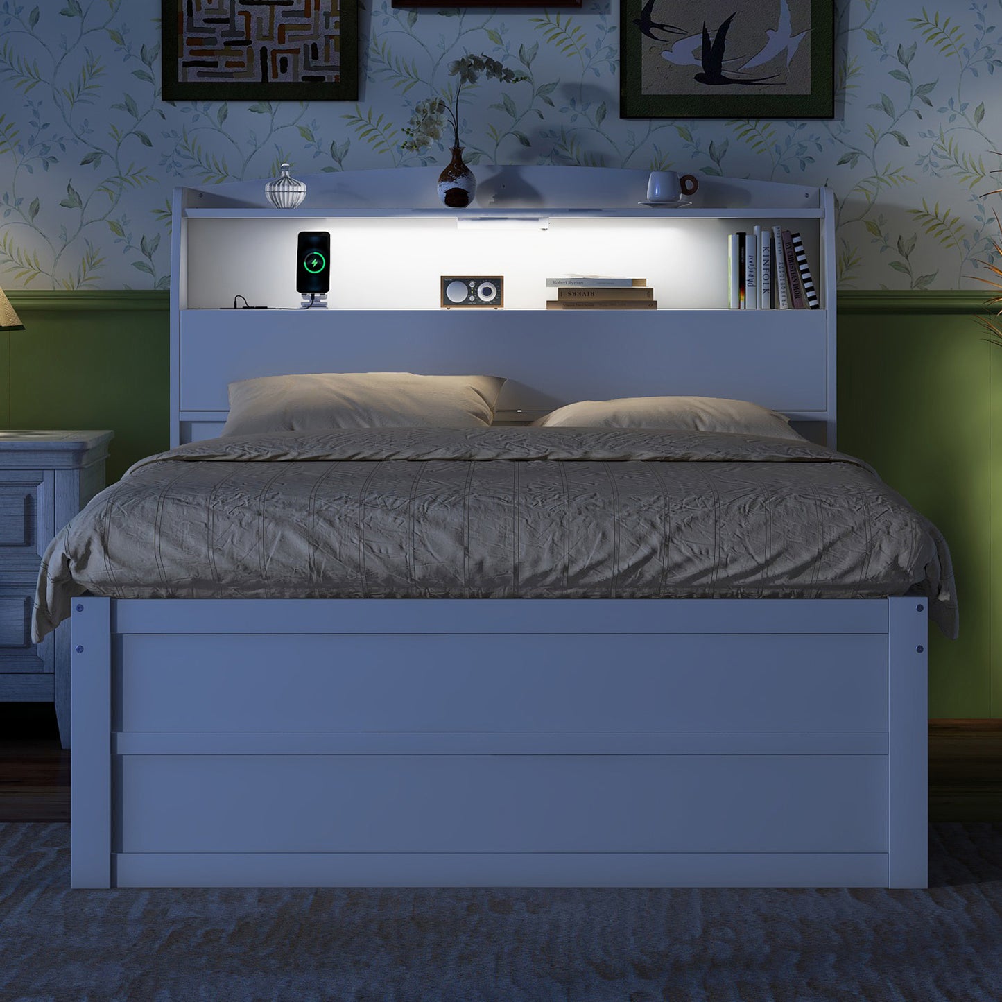 Full Size Wooden LED Platform Bed with Trundle, with Storage Headboard, with Drawers, White