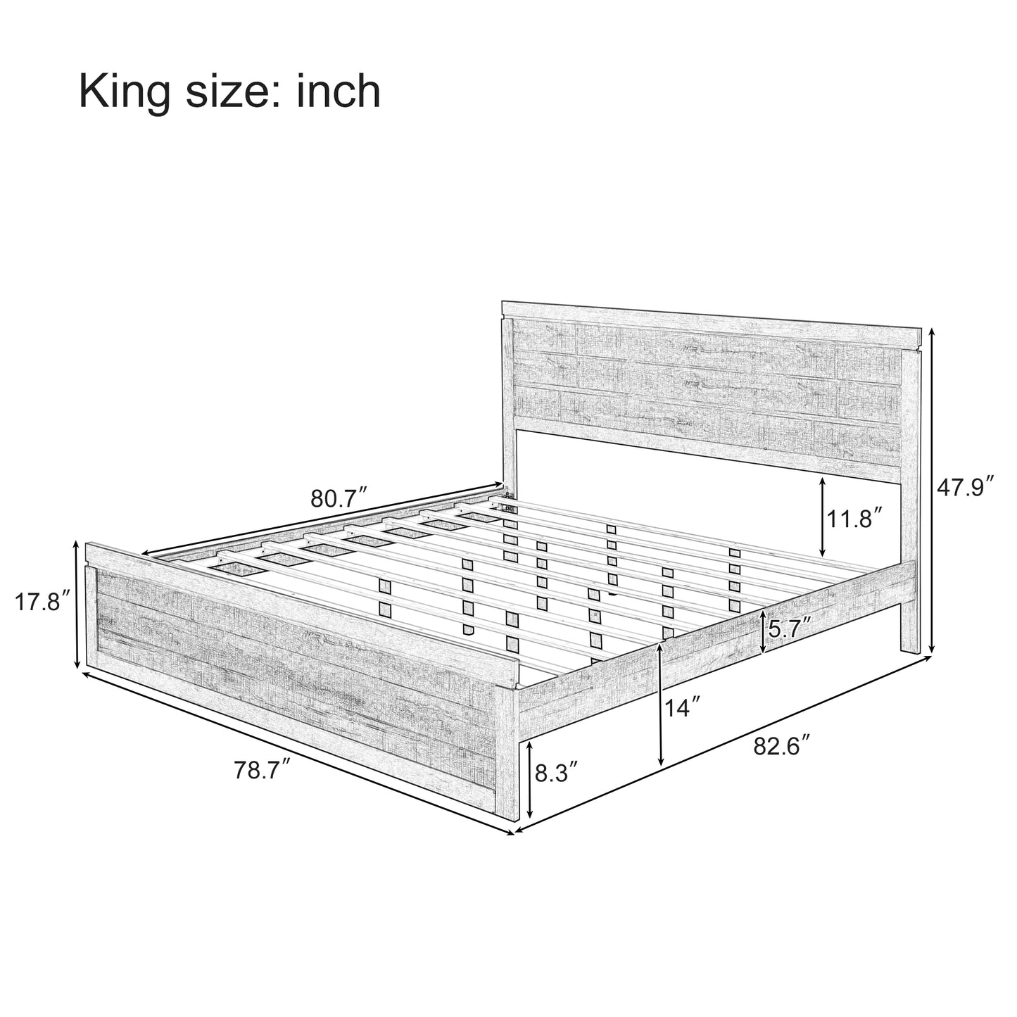 Vintage Farmhouse Style King Size Platform Bed with 10 Wooden Slats Support, No Box Spring Needed, Rustic Brown