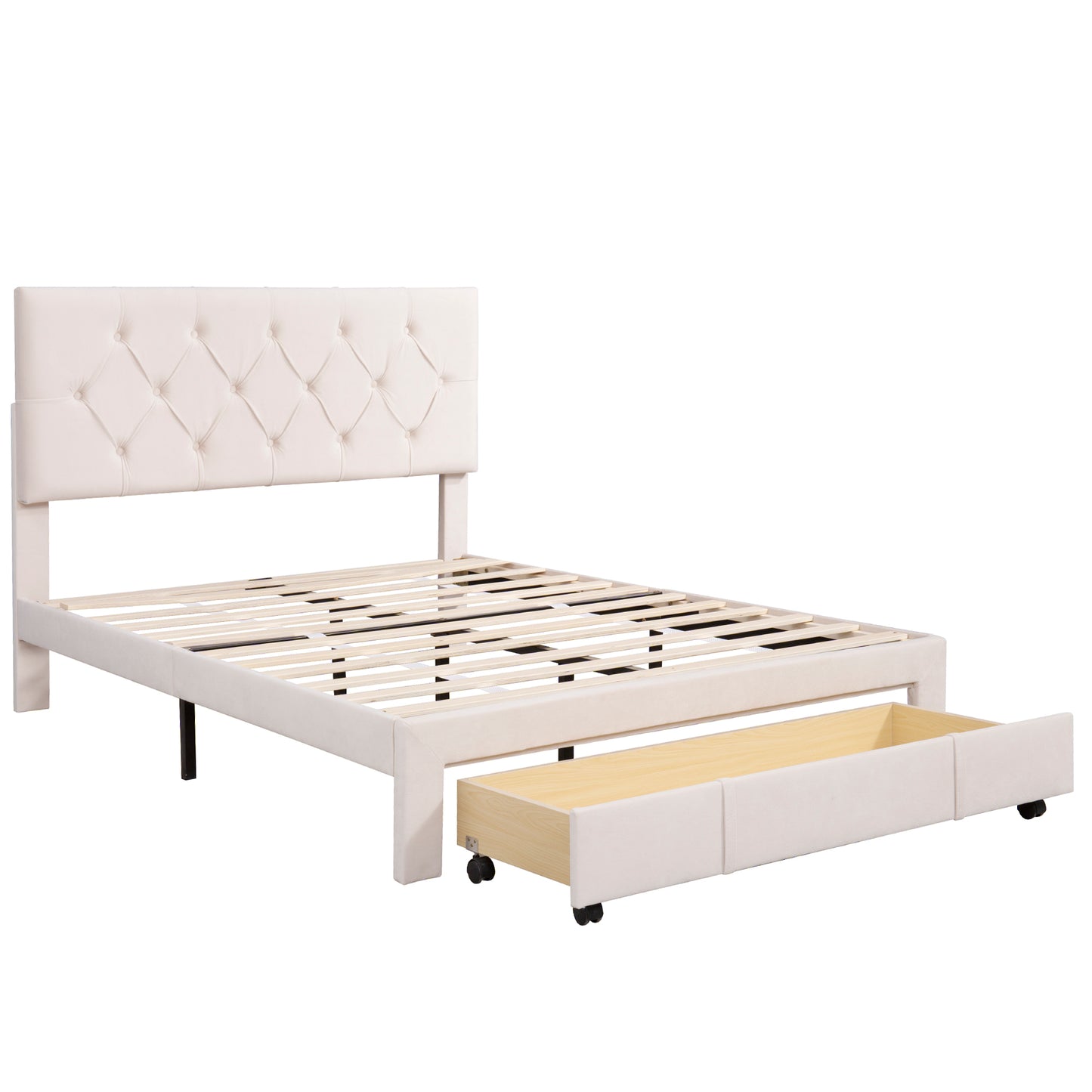 Full Size Storage Bed Velvet Upholstered Platform Bed with a Big Drawer - Beige