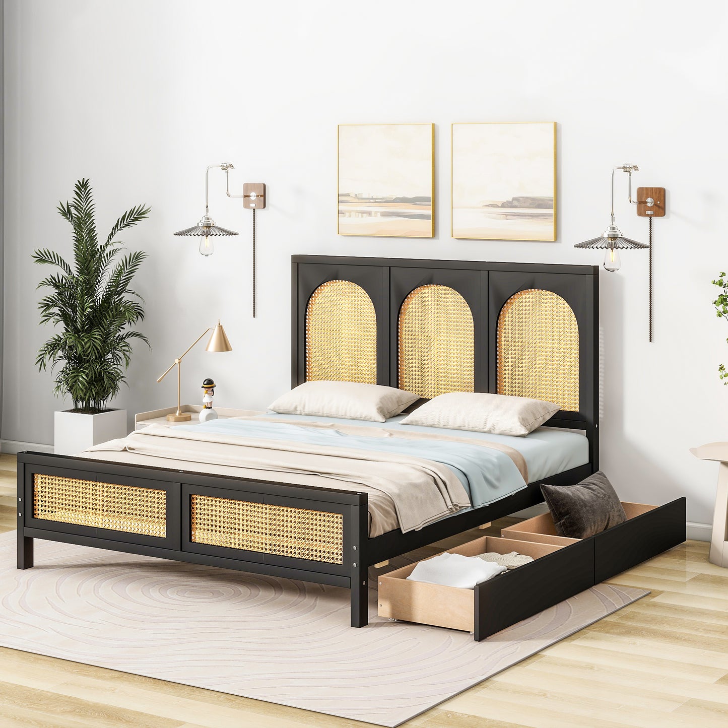 Full Size Wood Storage Platform Bed with 2 Drawers, Rattan Headboard and Footboard, Black