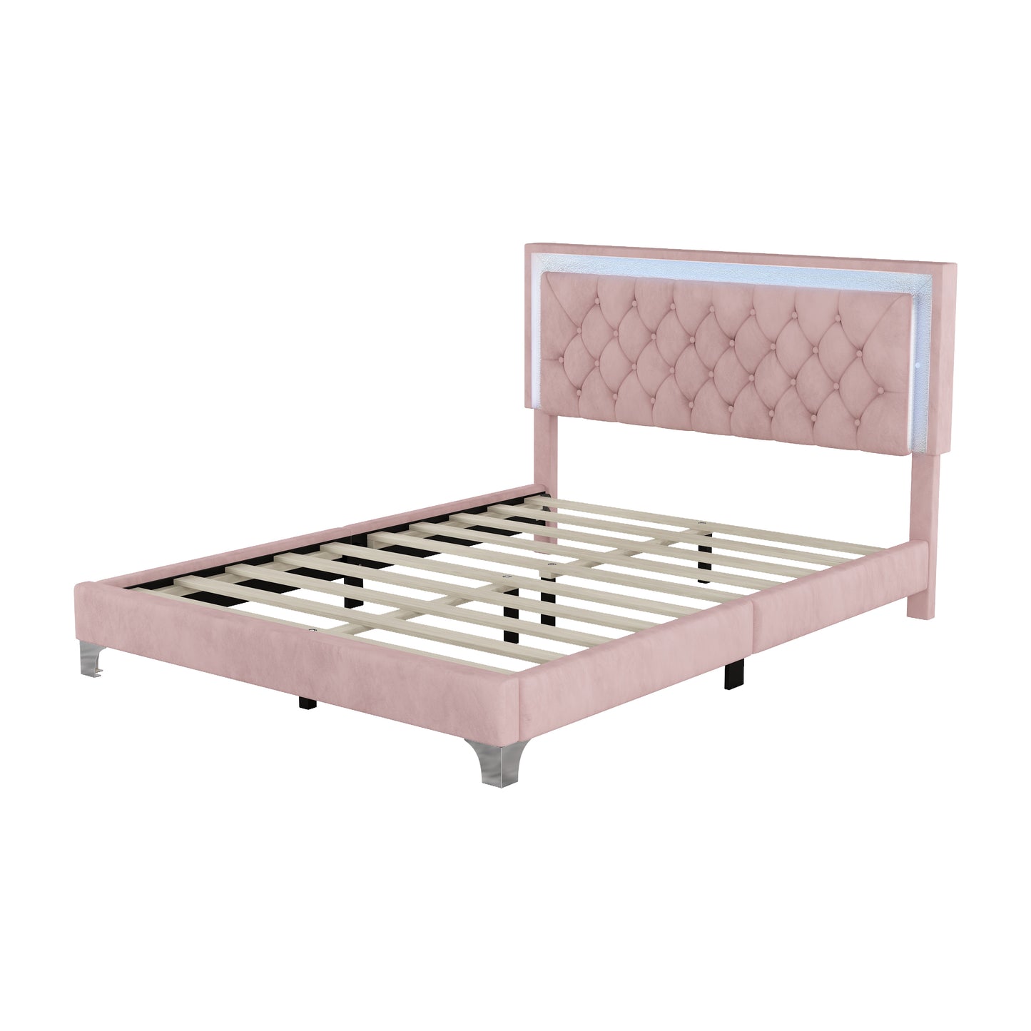 Juego de dormitorio de 3 piezas, cama tamaño queen tapizada con plataforma, luces LED y dos mesitas de noche, color rosa