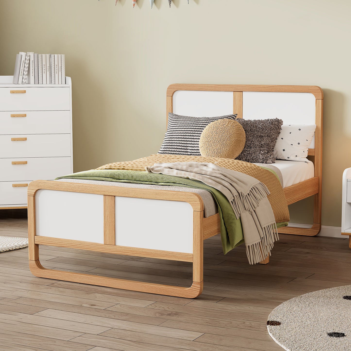 Modern Style Twin Size Solid Wood Platform Bed for  Kids, Teens, Adults, No Need Box Spring, Walnut and White