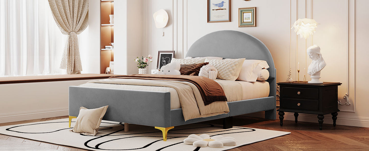 Full Size Upholstered Platform Bed with Classic Semi-circle Shaped headboard and Mental Legs, Velvet, Gray