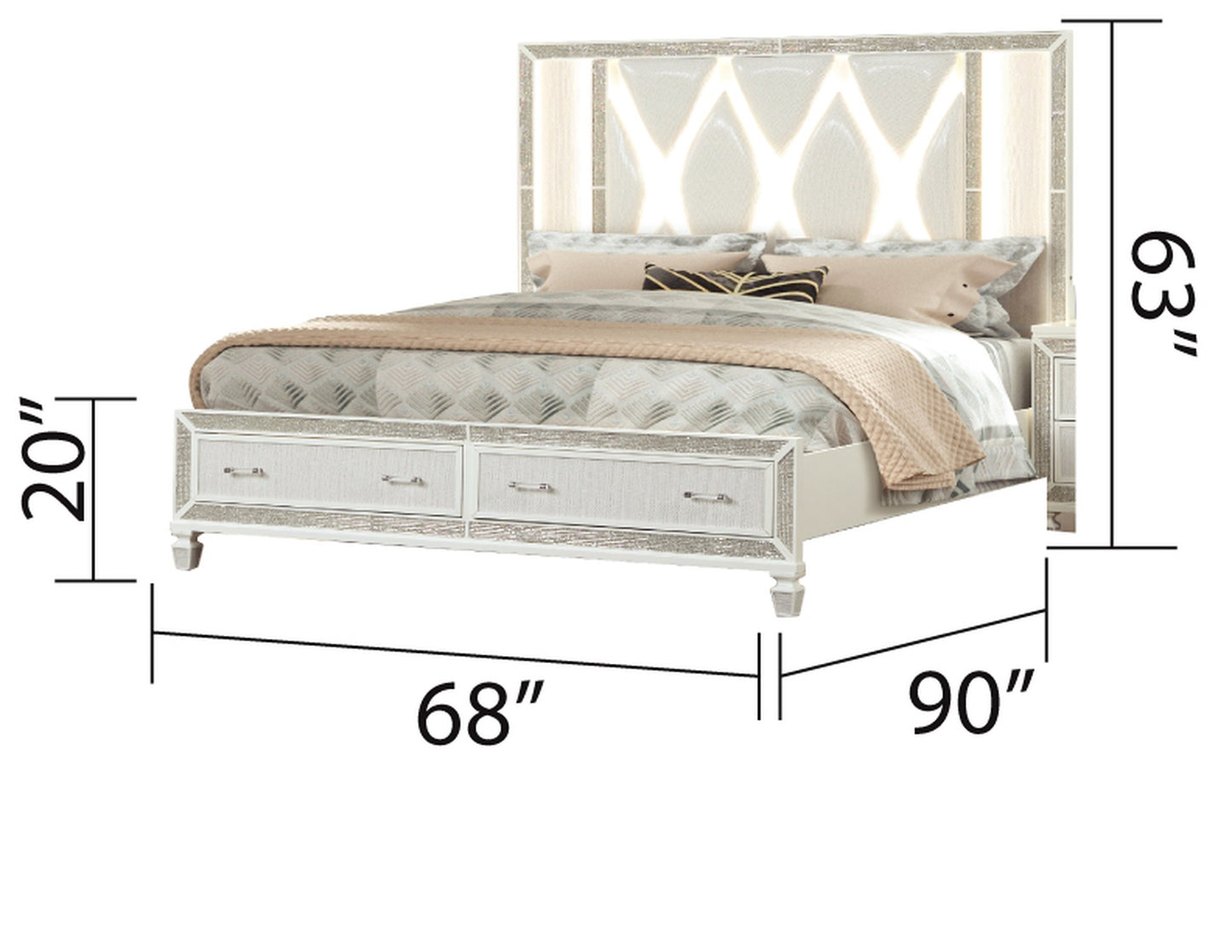 Crystal Queen 4 Pc Storage Wood Bedroom Set Finished in White