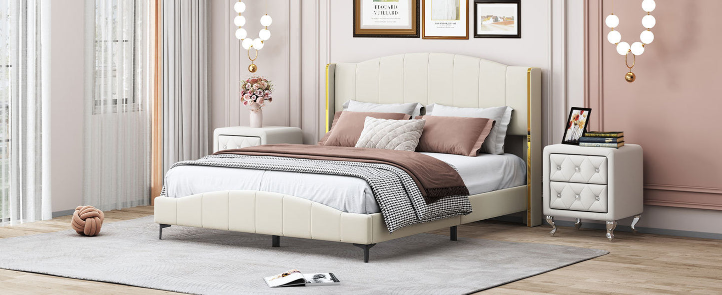 3 Pieces  Bedroom Set with Queen Size PU Leather Upholstered Platform Bed and Elegant PU Nightstand with 2 Drawers , Beige