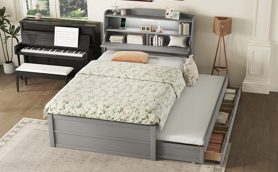 Full Size Wooden LED Platform Bed with Trundle, with Storage Headboard, with Drawers, Gray