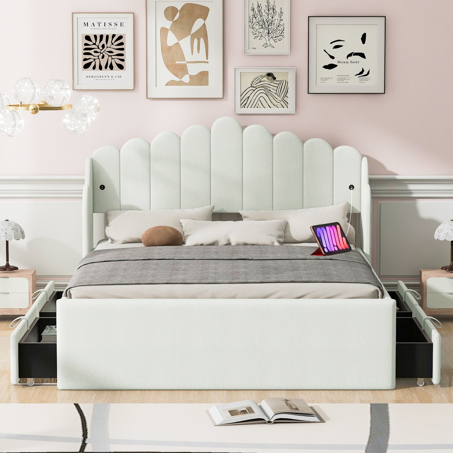 Full Size Upholstered Platform Bed with 4 Drawers and 2 USB, Beige