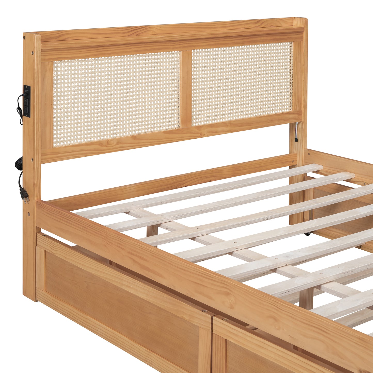 Full Size Elegant Bed Frame with Rattan Headboard and Sockets ,Natural