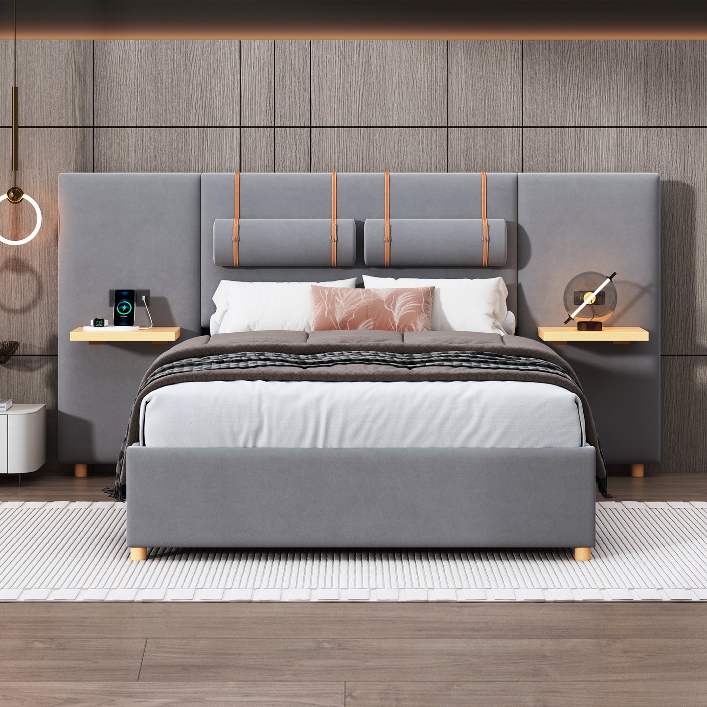 Full size upholstered platform bed with two outlets and USB charging ports on both sides, two bedside pillows, storage shelf, Velvet,Gray