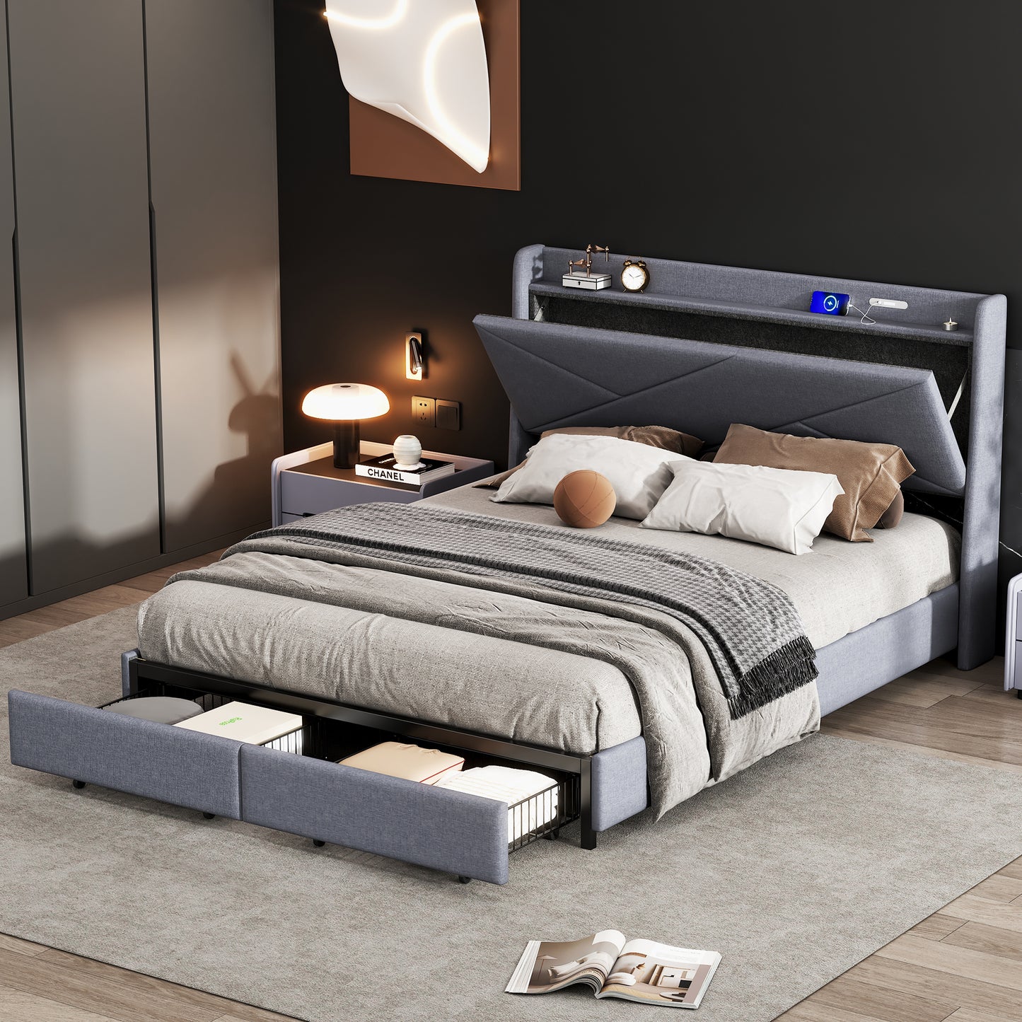 Queen Size Upholstery Platform Bed with Storage Headboard, LED, USB Charging and 2 Drawers, Gray