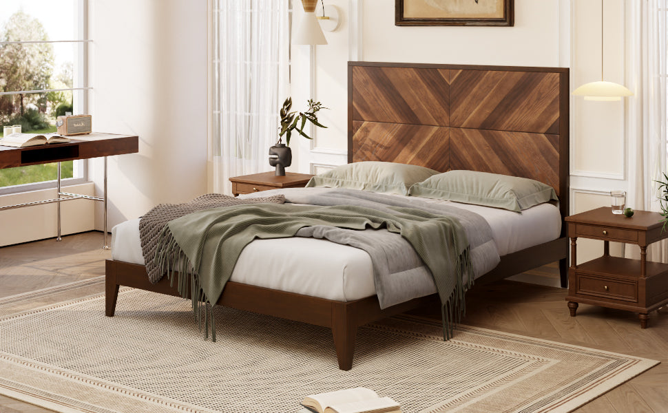 Mid-Century Modern Platform Bed Wood Slat Support with No Box Spring Needed,Queen, Walnut