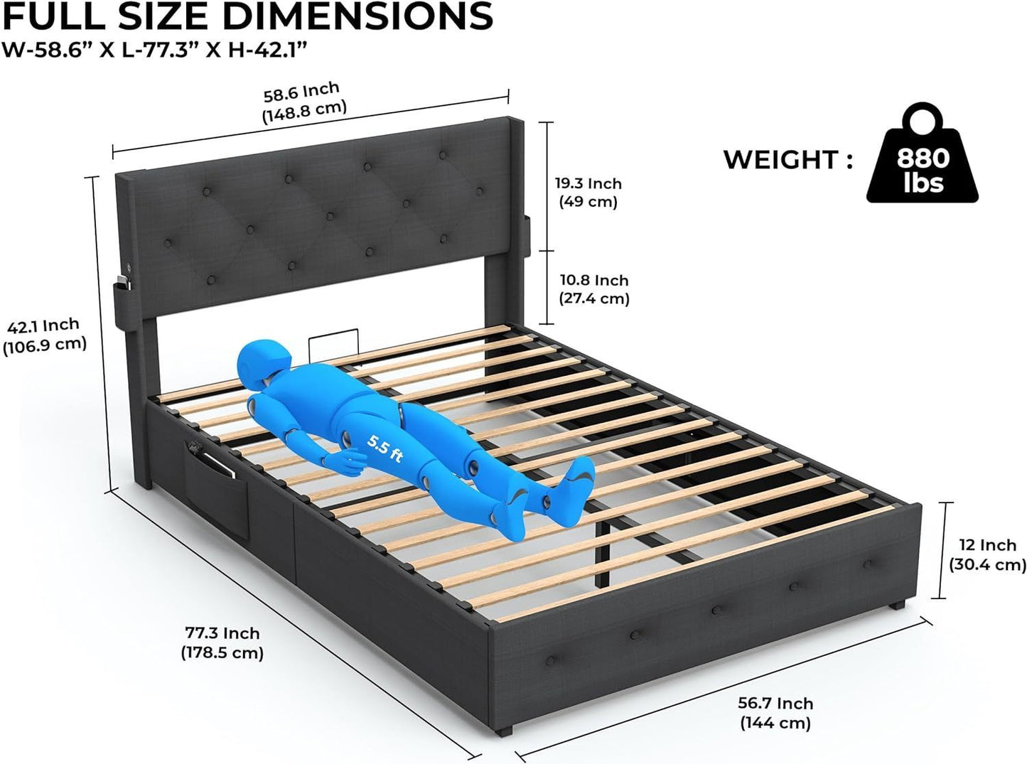 Full Size Bed Frame with Gas Lift Storage Bed with Modern Wingback Headboard, USB Ports