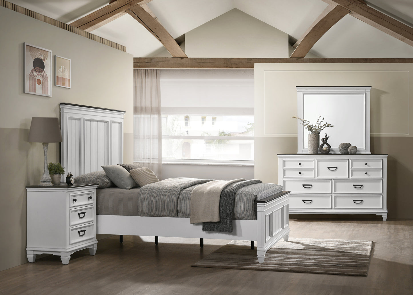 Clelane Wood Bedroom Set with Shiplap Panel Queen Bed, Dresser, Mirror, and Two Nightstands