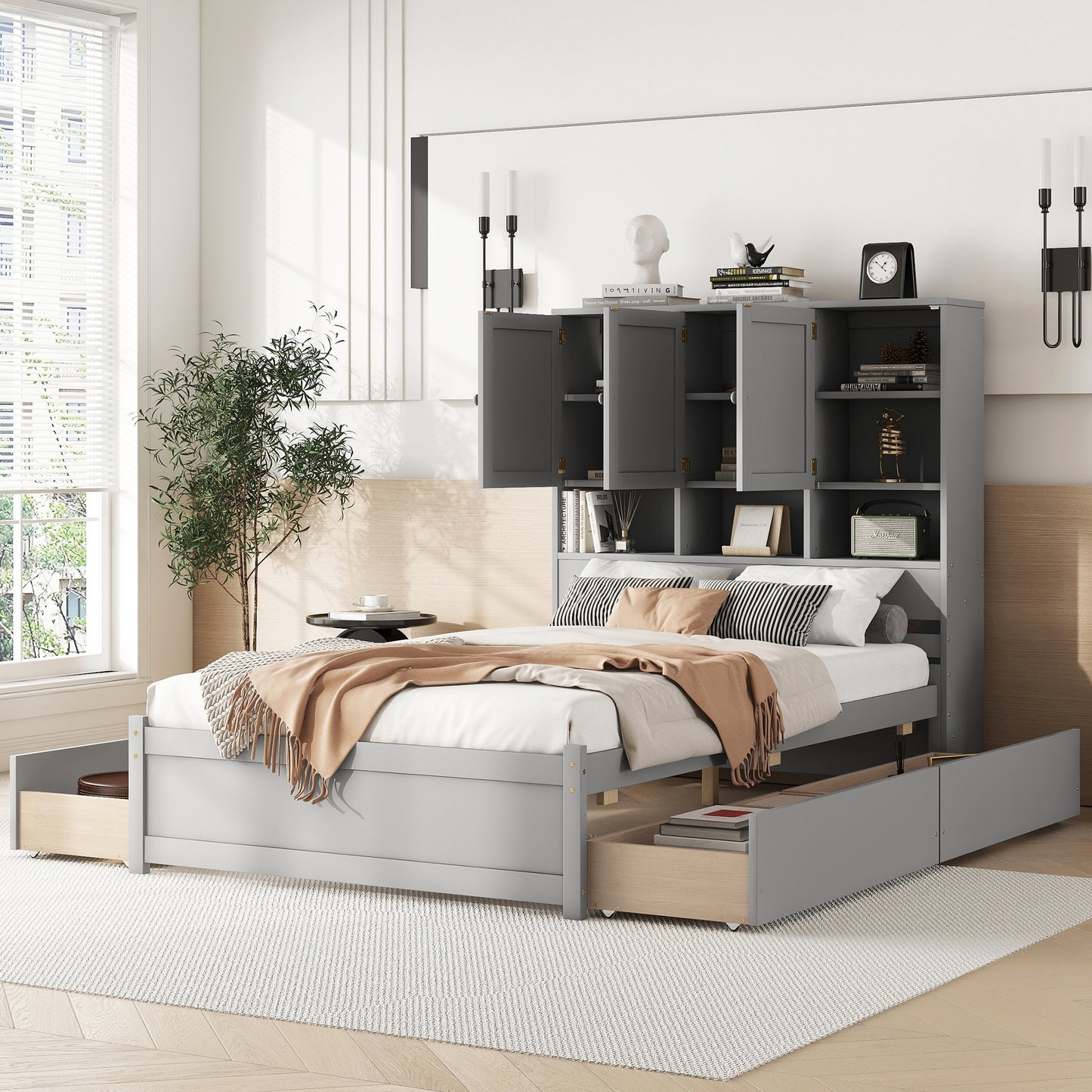 Full Size Platform Bed with Storage Headboard and 4 Drawers, Gray