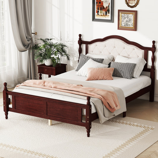 Queen Pine wooden Bed with Upholstered Headboard  and Panel Footboard, with  Two Bed Rail Support Feet and Central Platform Support Feet ,Classic Cherry