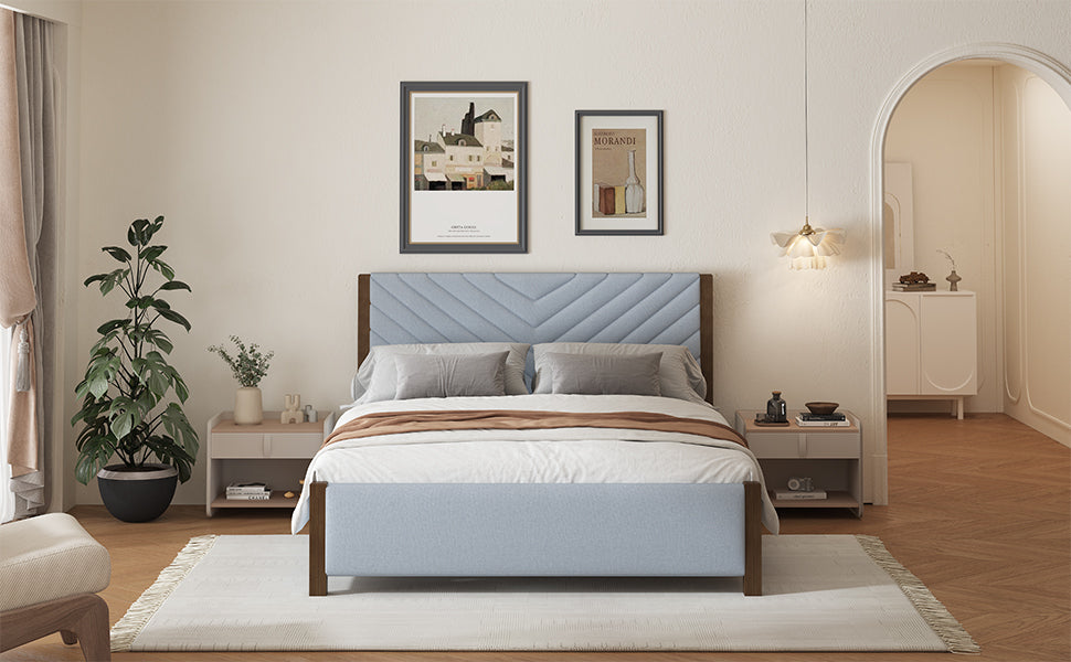 Modern Mid-Century Queen Upholstered Platform Bed Frame with Tufted Headboard and Solid Wood Legs,No Box Spring Needed,Gray