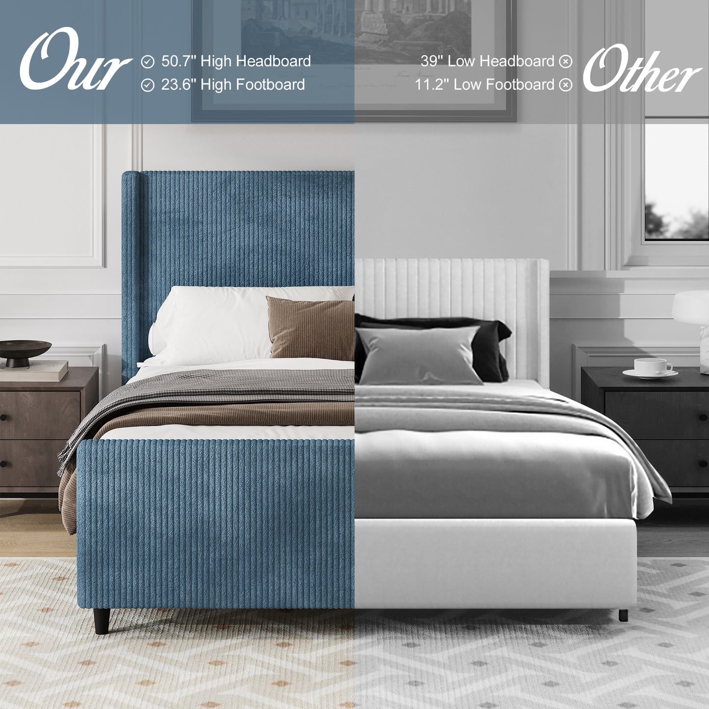 50.7'' High Headboard Corduroy Upholstered Bed Frame with Vertical Stripe Wingback and High Footboard No Box Spring Needed, Queen Size, Blue