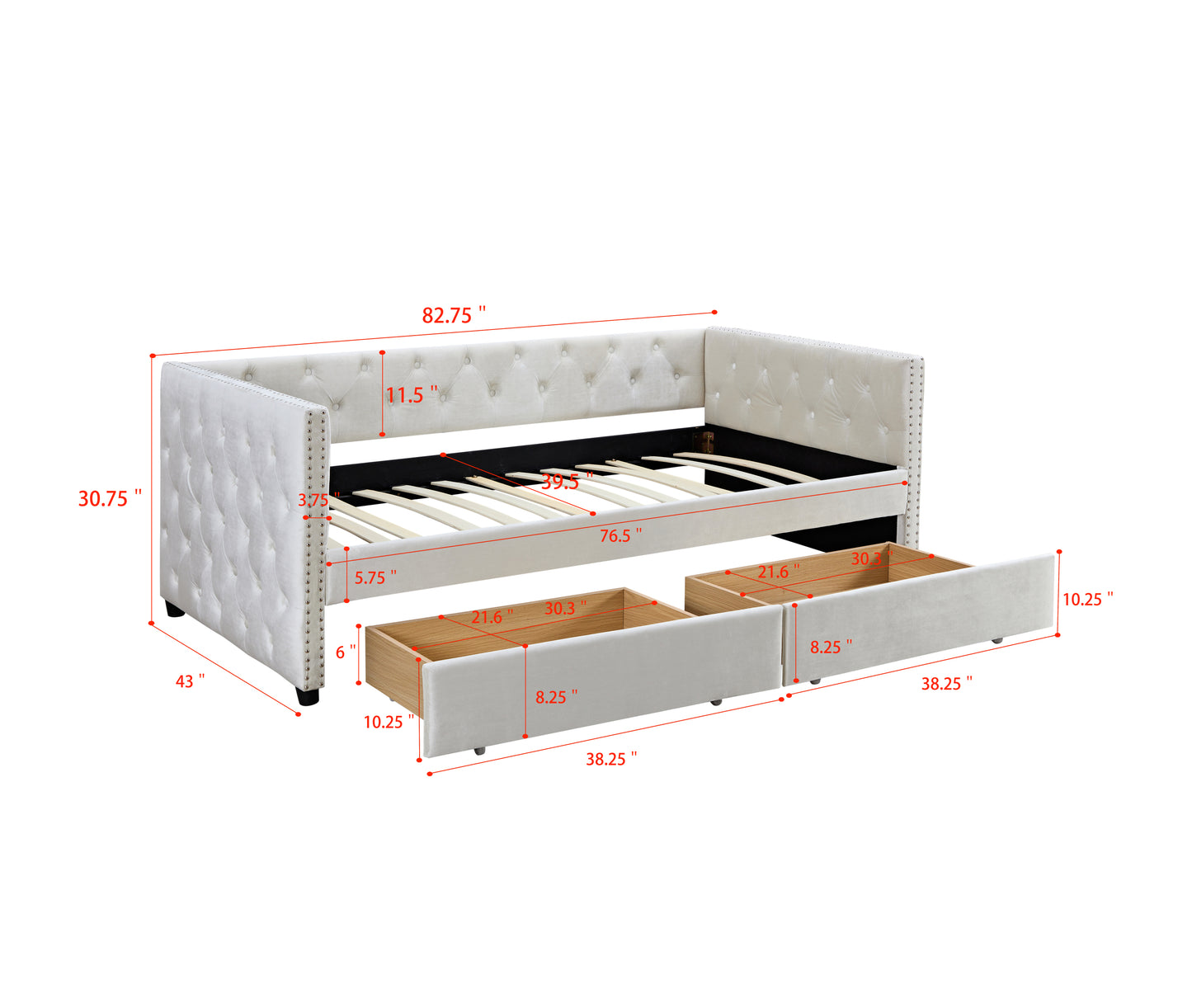 Sofá cama con cajones, moderno sofá cama tapizado en terciopelo con estructura de sofá cama con botones y cajones dobles, muebles de dormitorio y sala de estar, beige (83,47'' x 42,91'' x 30,71'')