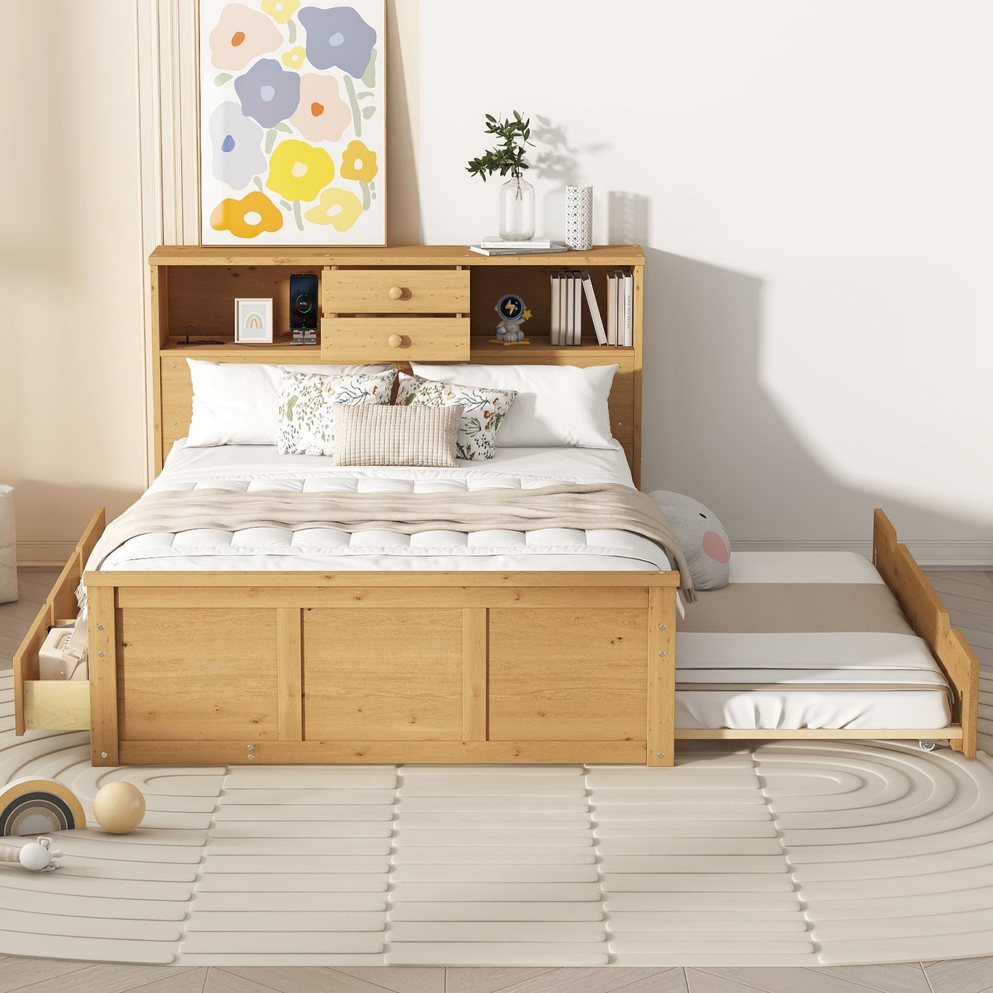 Full Size Wood Pltaform Bed with Twin Size Trundle, 3 Drawers, Upper Shelves and a set of USB Ports & Sockets, Natural