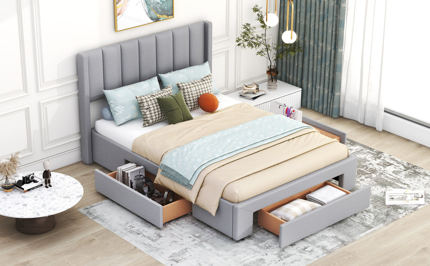 Full Size Upholstered Platform Bed with One Large Drawer in the Footboard and Drawer on Each Side,Gray