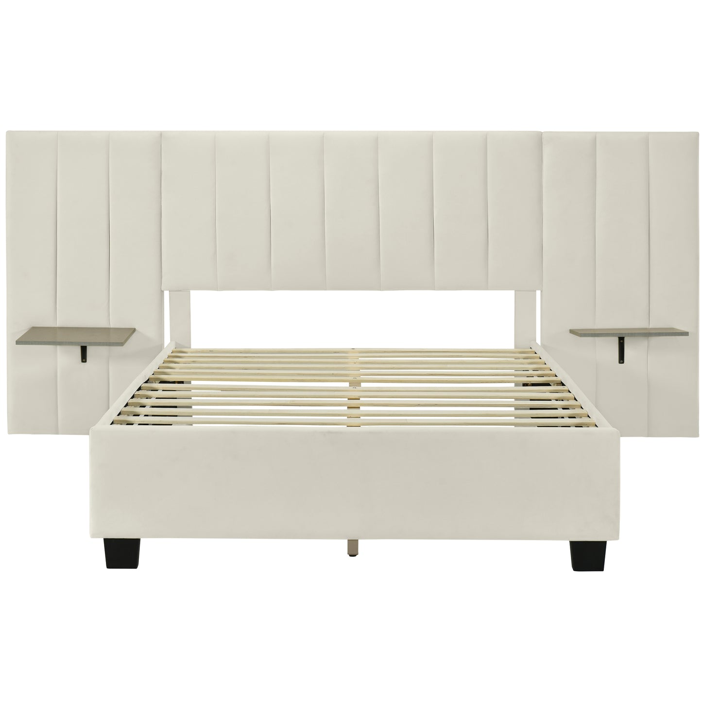 Full Size Upholstered Platform Bed with Big Headboard, Bedroom Furniture, Velvet, Beige