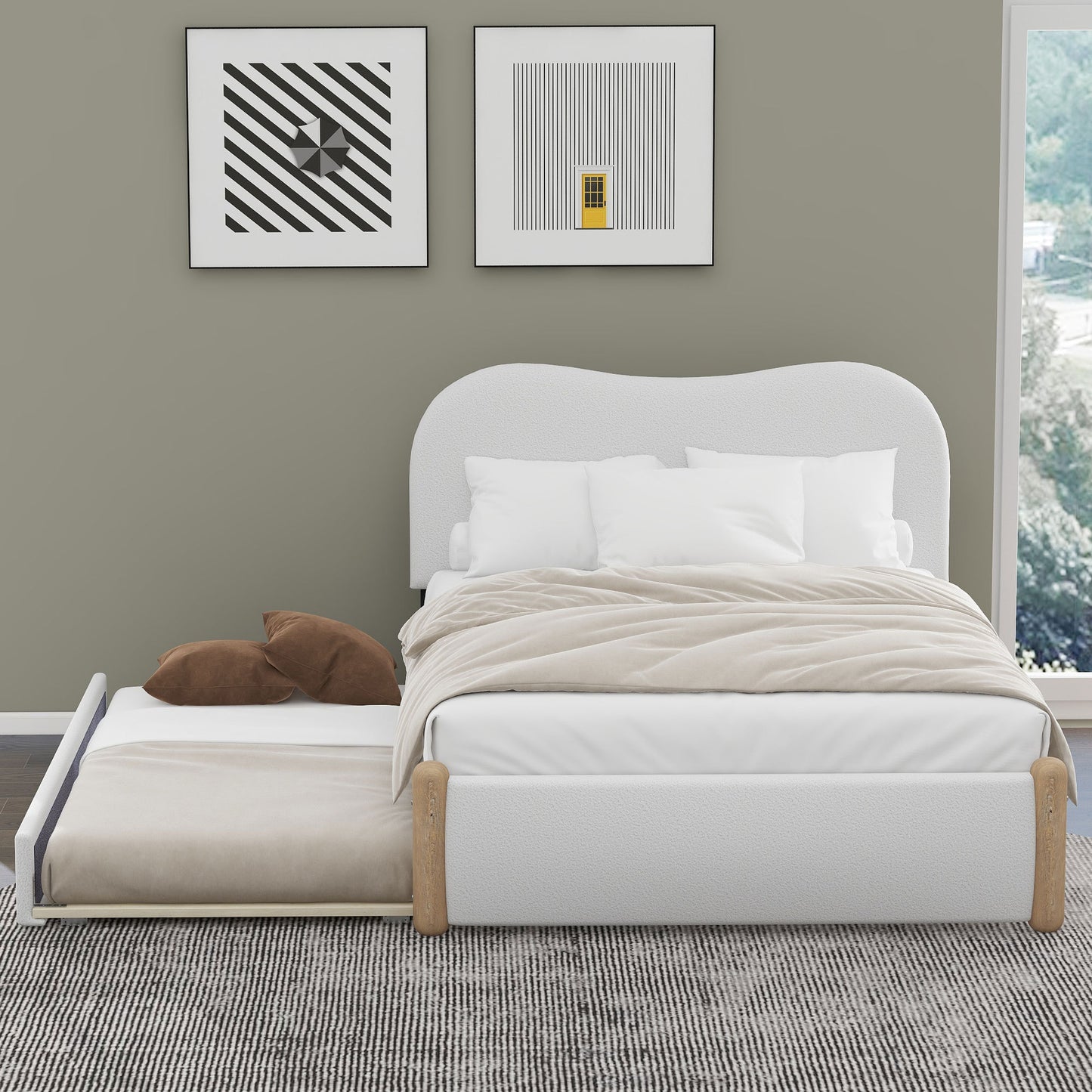 Full Size Upholstered Platform Bed with Wood Supporting Feet and Twin Size Trundle, White