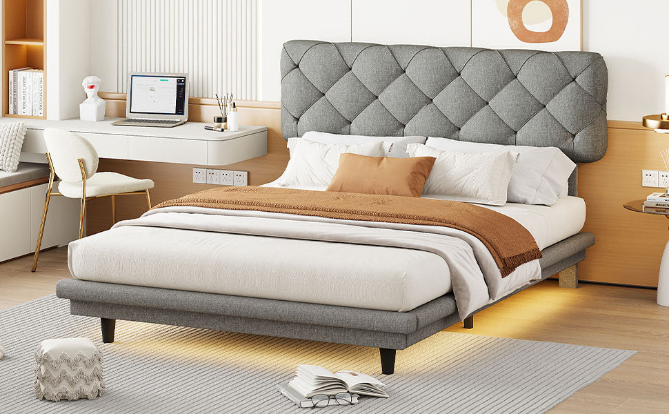 Full Size Upholstered Bed with Light Stripe, Floating Platform Bed, Linen Fabric,Gray