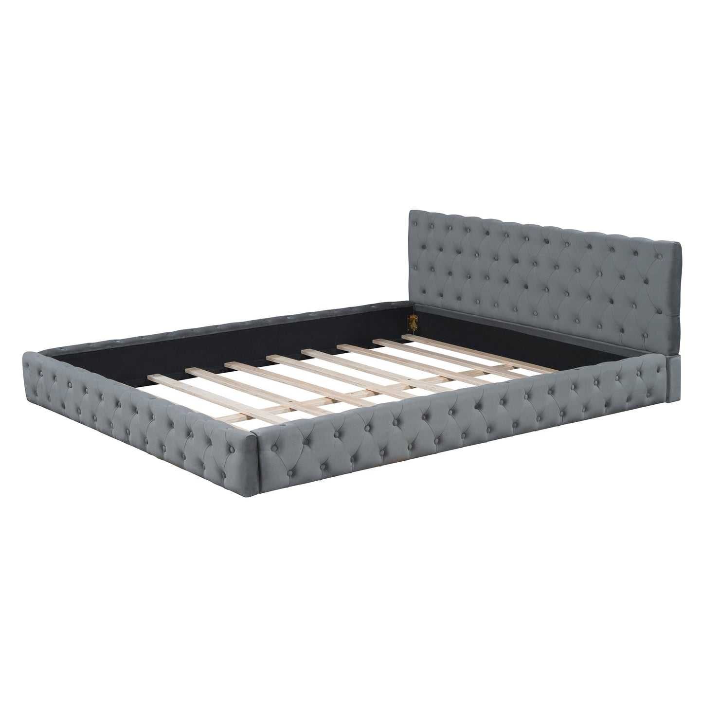 Queen Size Velvet Upholstered Platform Bed, with Luxurious Diamond Grid Headboard,Gray