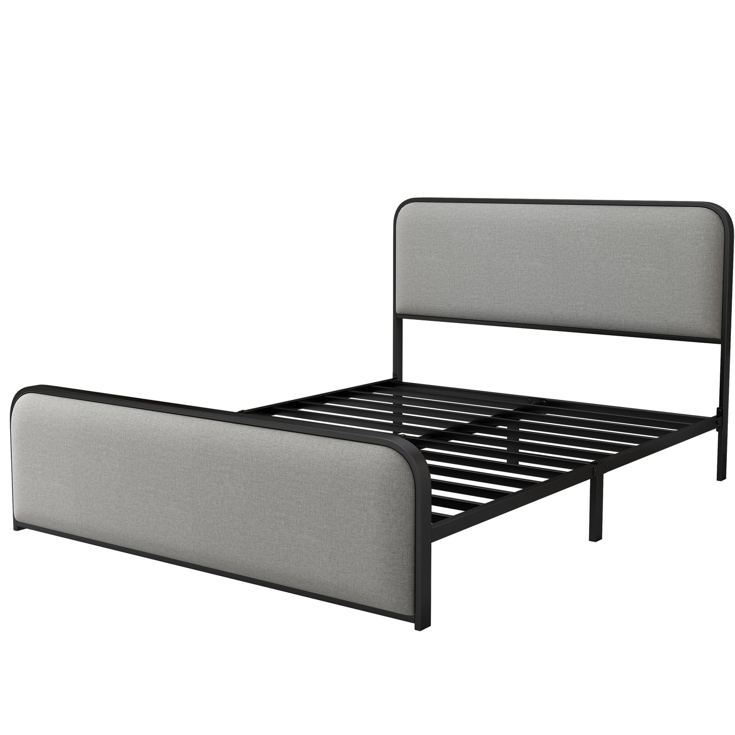 Modern Metal Bed Frame with Curved Upholstered Headboard and Footboard Bed with Under Bed Storage, Heavy Duty Metal Slats, Queen Size, Grey