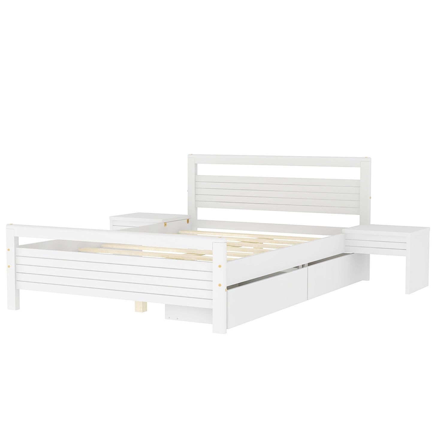 Full Size Wooden Platform Bed with 2 Storage Drawers and 2 bedside tables, White