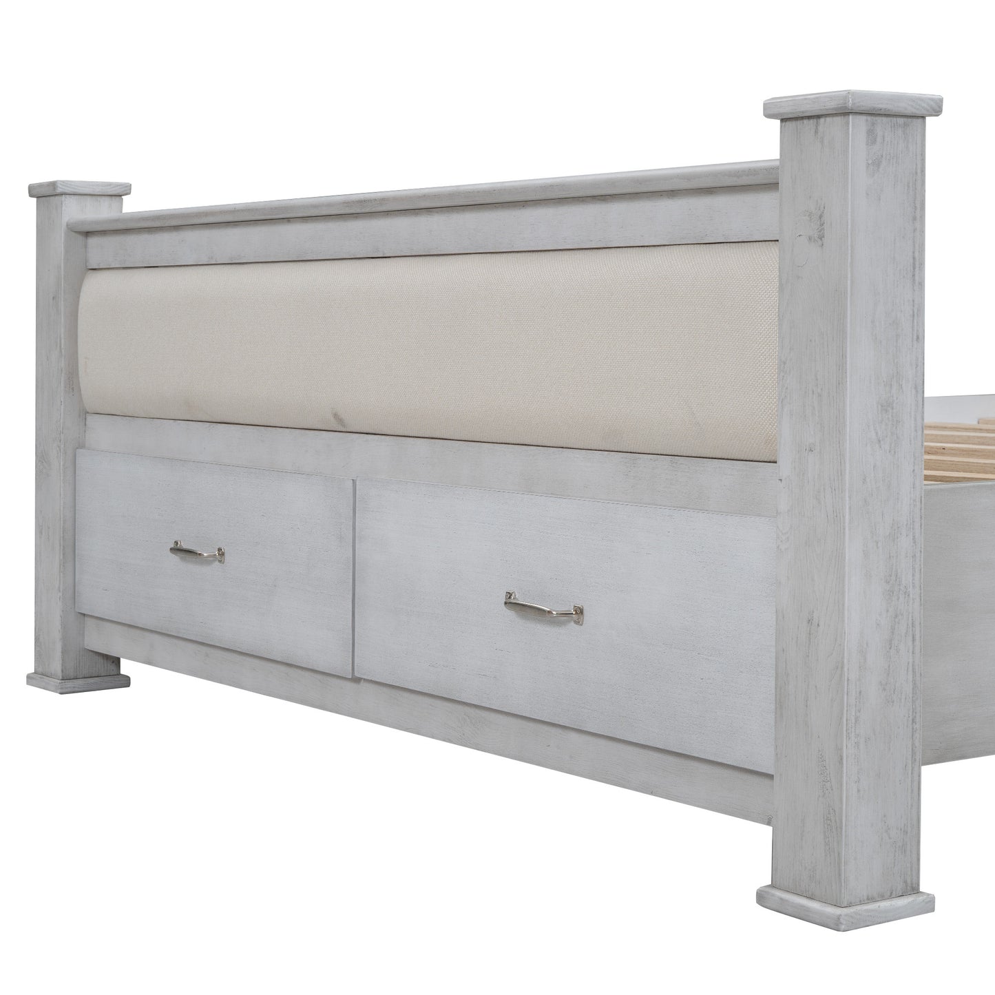 Queen Size Wood Frame Platform Bed with Upholstered Headboard, Footboard and 2 Drawers, Antique White