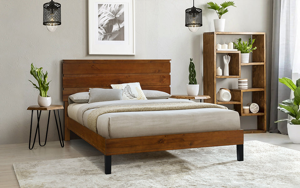 Mid-Century Modern Solid Wood Bed Frame Full Size Platform Bed with Three-Piece Headboard Design, No Box Spring Needed, Brown