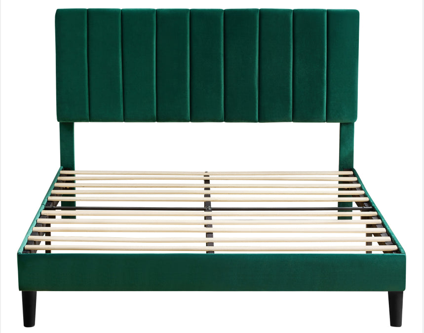 Full Size Frame Platform Bed with Upholstered Headboard and Slat Support, Heavy Duty Mattress Foundation, No Box Spring Required, Easy to Assemble, Green