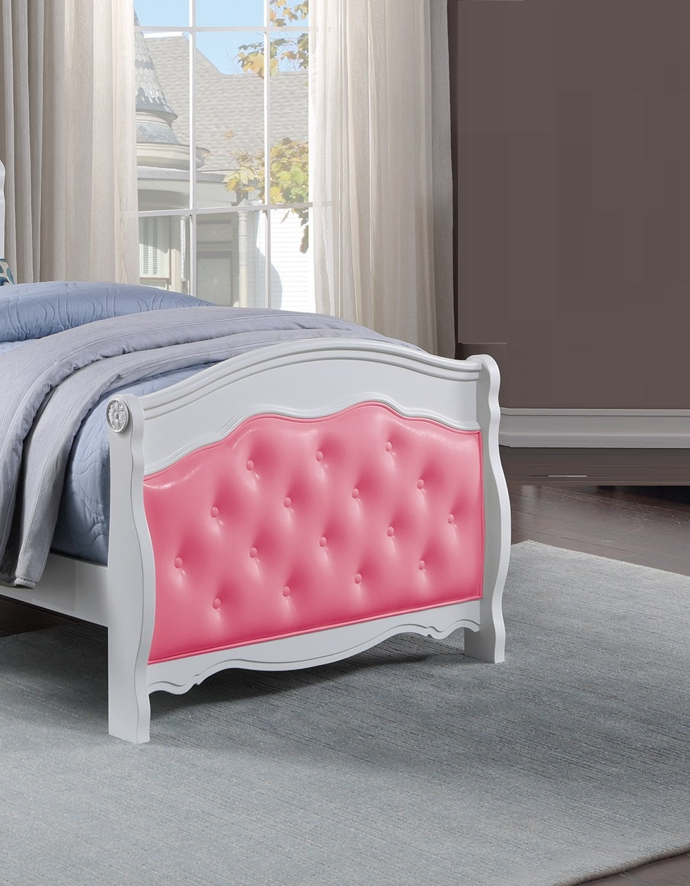 White Full Size Bed Youth Bedroom Furniture Pink Faux Leather Headboard Footboard Plywood 1pc Bedframe