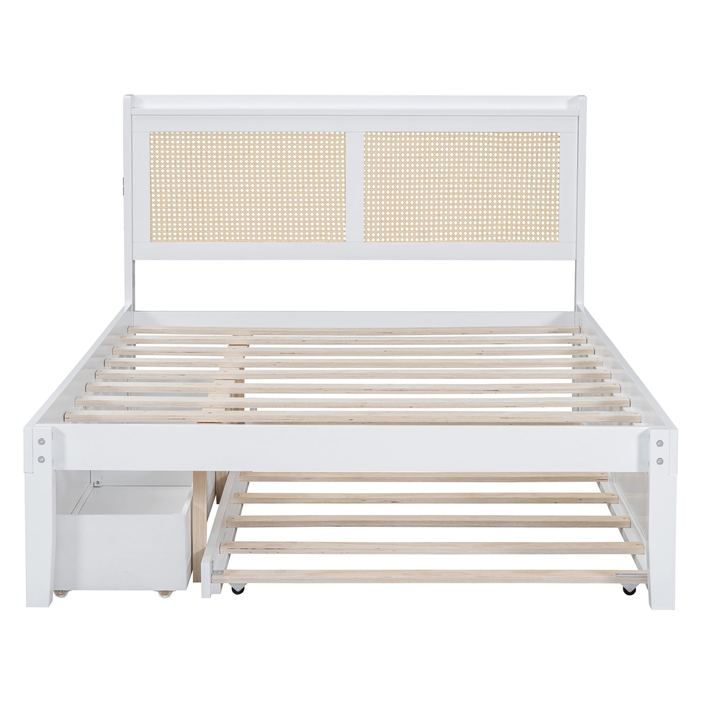 Full Size Elegant Bed Frame with Rattan Headboard and Sockets ,White