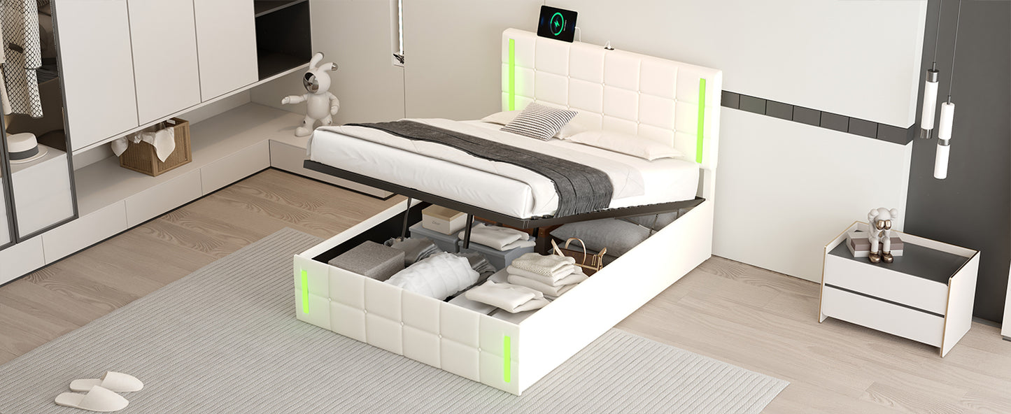 Full Size Upholstered Bed with LED Lights,Hydraulic Storage System and USB Charging Station,White