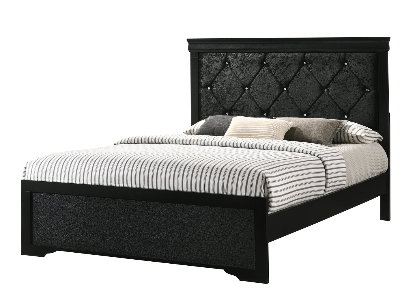 Modern 1pc Black Finish Full Size Panel Bed Wooden Fabric Upholstered Headboard Crystal-Like Button Tufted Fabric Bedroom Furniture