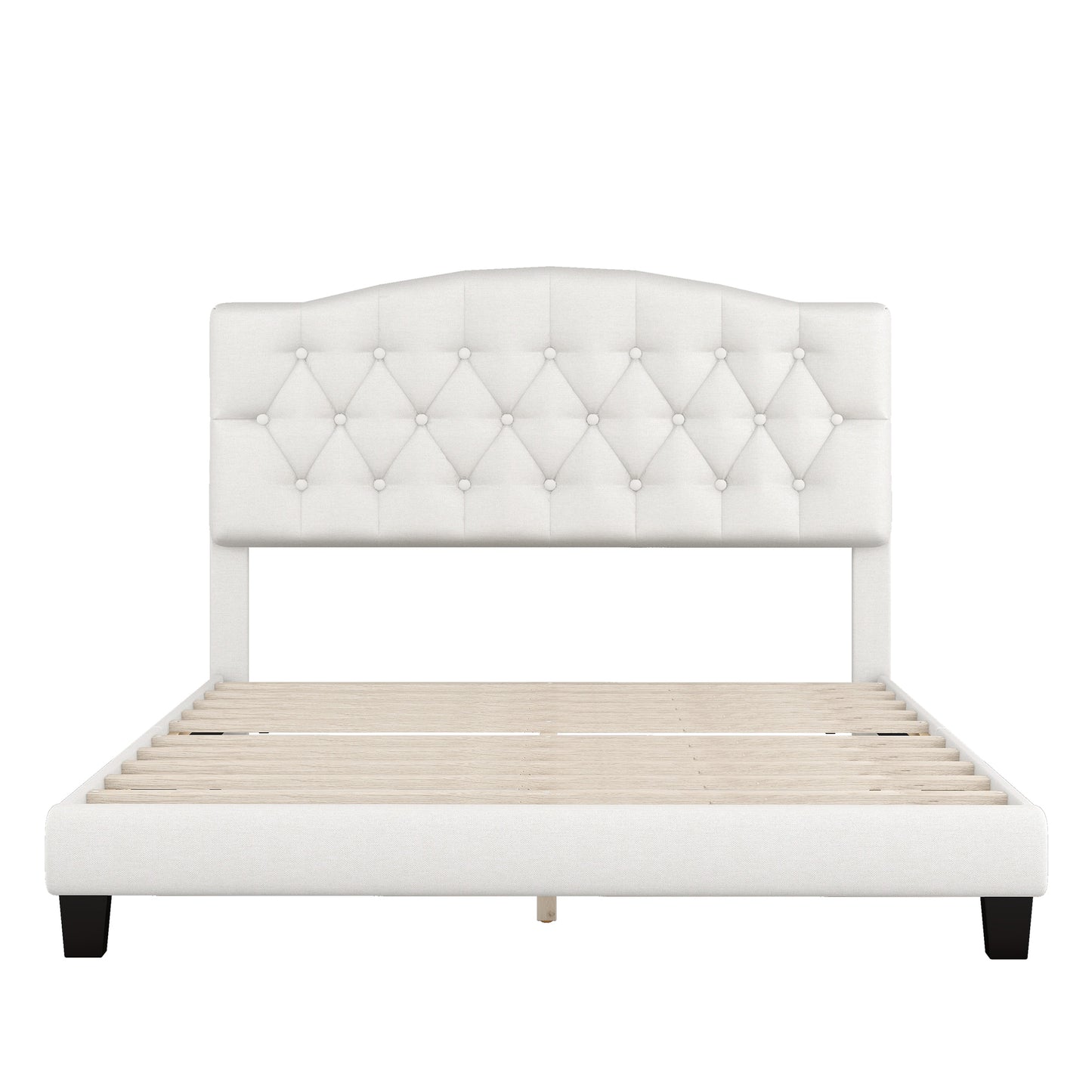 Upholstered Platform Bed with Saddle Curved Headboard and Diamond Tufted Details, Queen, Beige