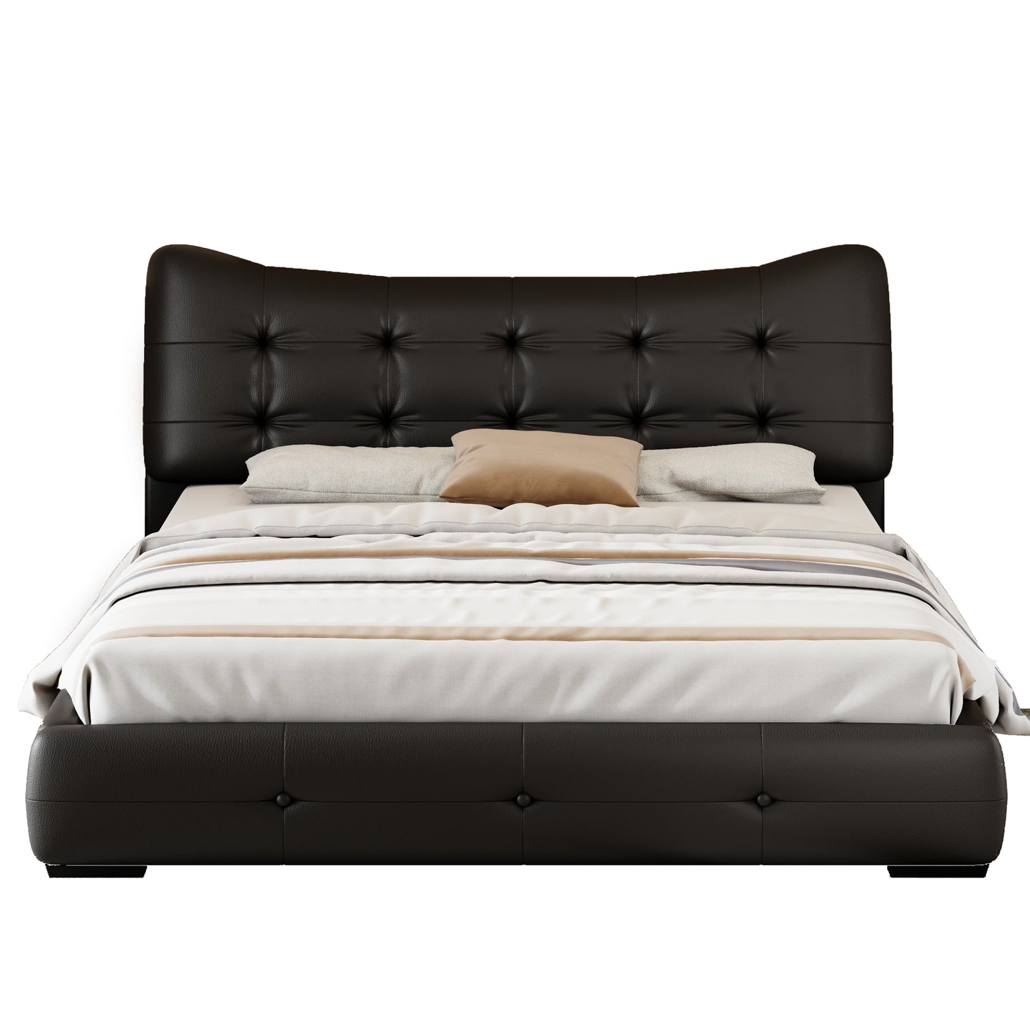 Modern PU Upholstered Queen Bed with Ergonomic Wingback Headboard, No Box Spring Needed, Black