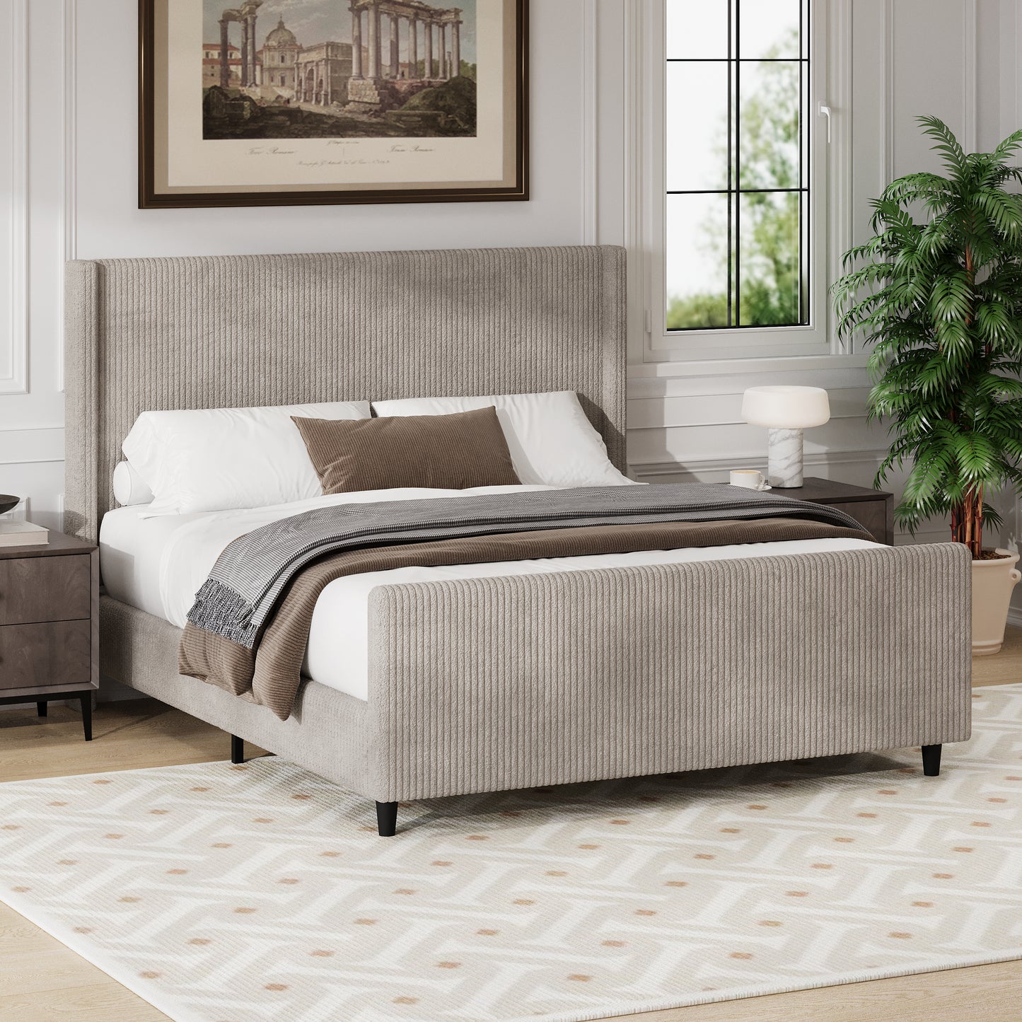 50.7'' High Headboard Corduroy Upholstered Bed Frame with Vertical Stripe Wingback and High Footboard No Box Spring Needed, Queen Size, Taupe