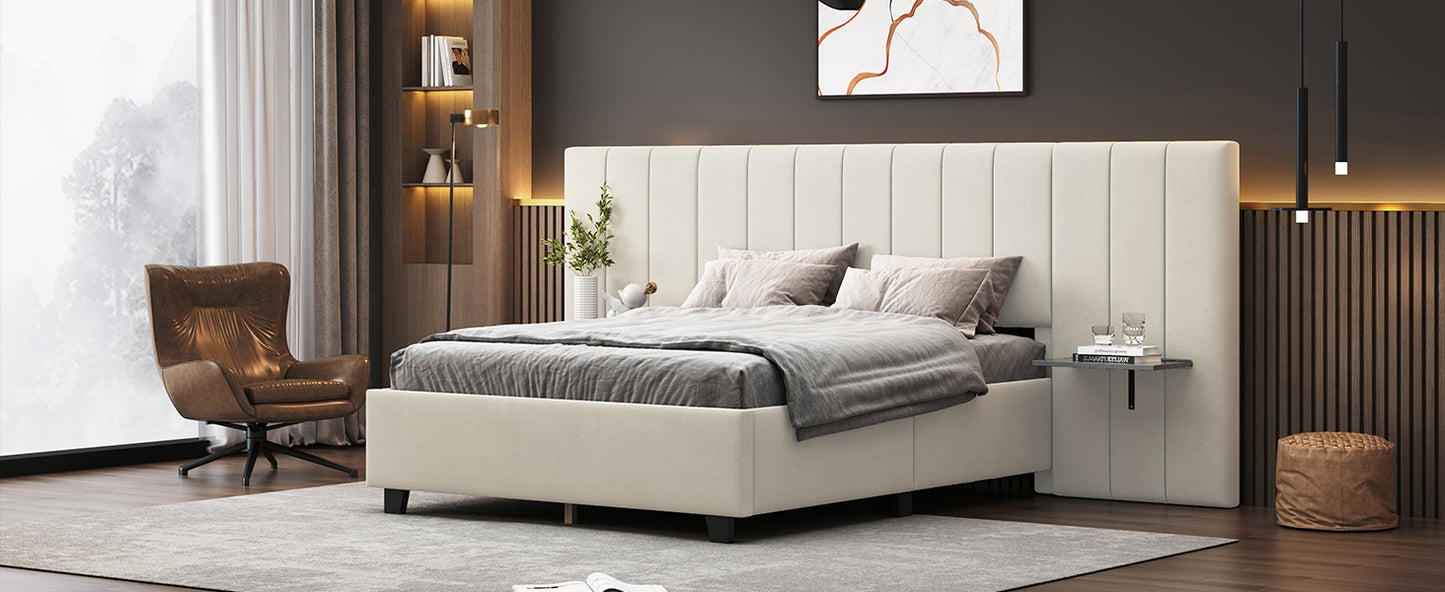 Full Size Upholstered Platform Bed with Big Headboard, Bedroom Furniture, Velvet, Beige