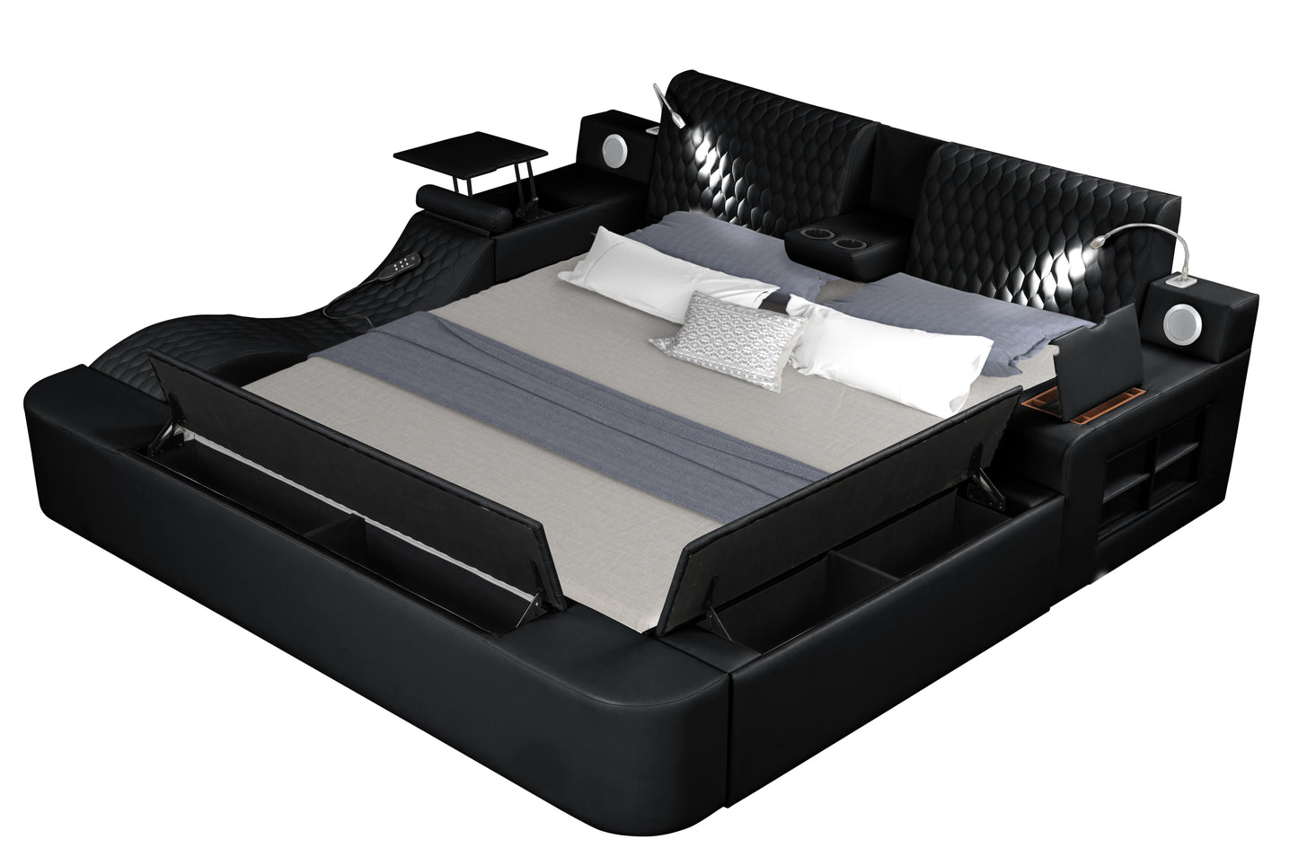 Smart Multifunctional King Size Bed Made with Wood in Black