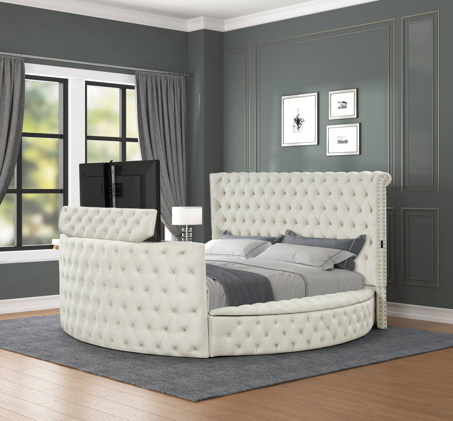 Modern Style Crystal Tufted Queen Bed  Made with wood in Cream