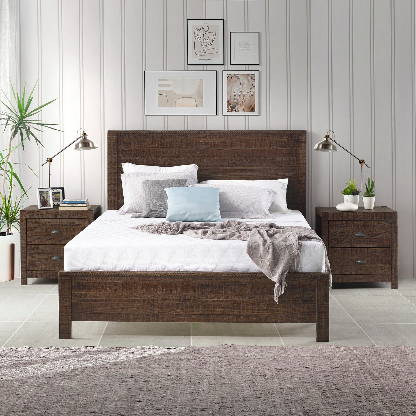 Albany 3 Piece Full Bed Set, Heavy Duty Solid Wood Full Size Bed Frame with Bedside Table Set of 2, Espresso