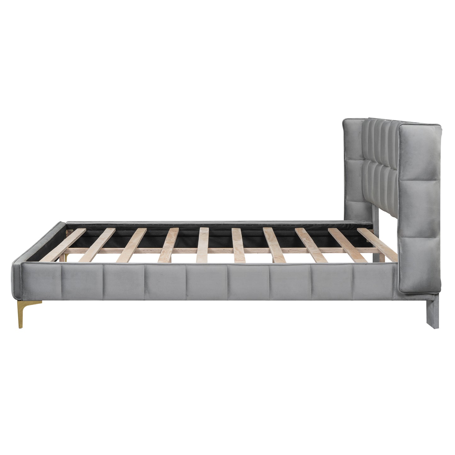 Queen Size Upholstered Velvet Platform Bed, Gray