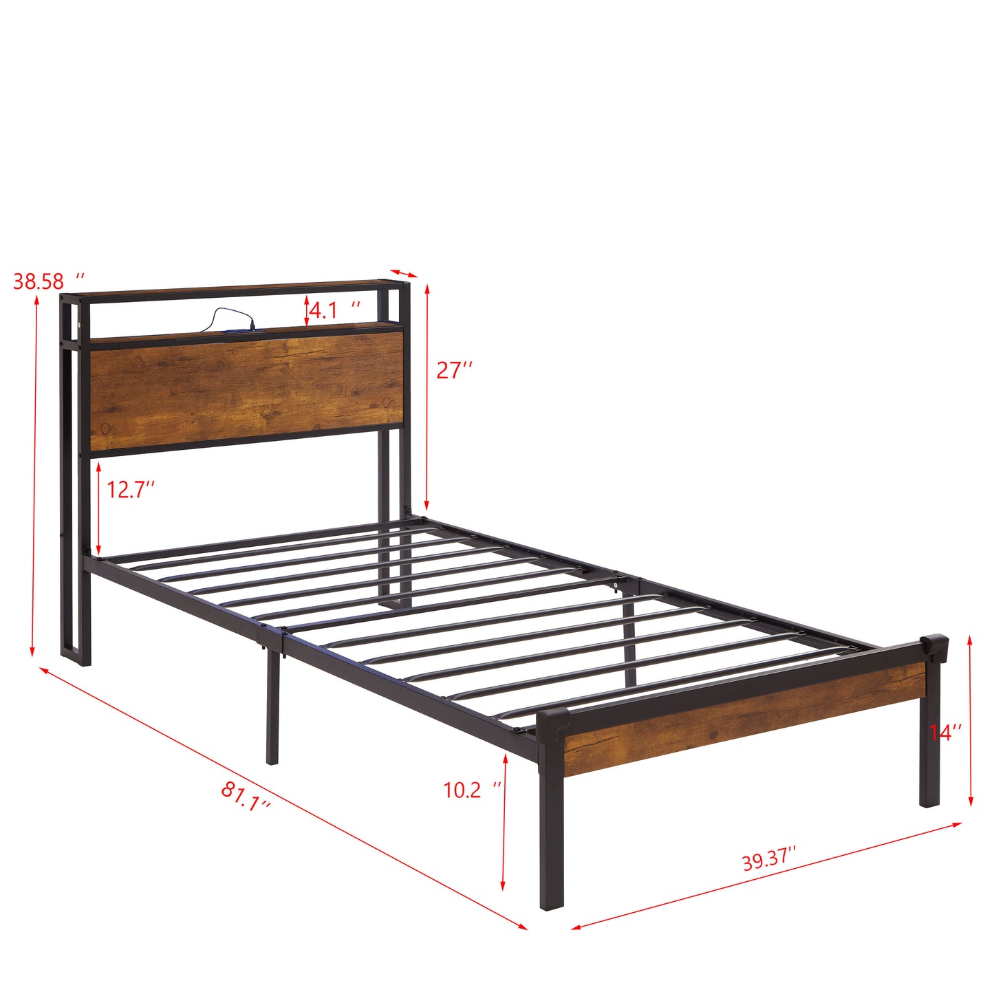 Cadre de lit double en métal avec tête de lit et pied de lit en bois avec doublure USB, pas besoin de sommier, rangement sous le lit, assemblage facile