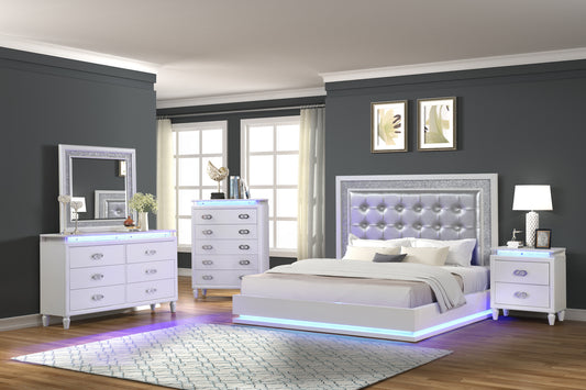 Queen 5 Pc LED Bedroom Set Made with Wood in Milky White